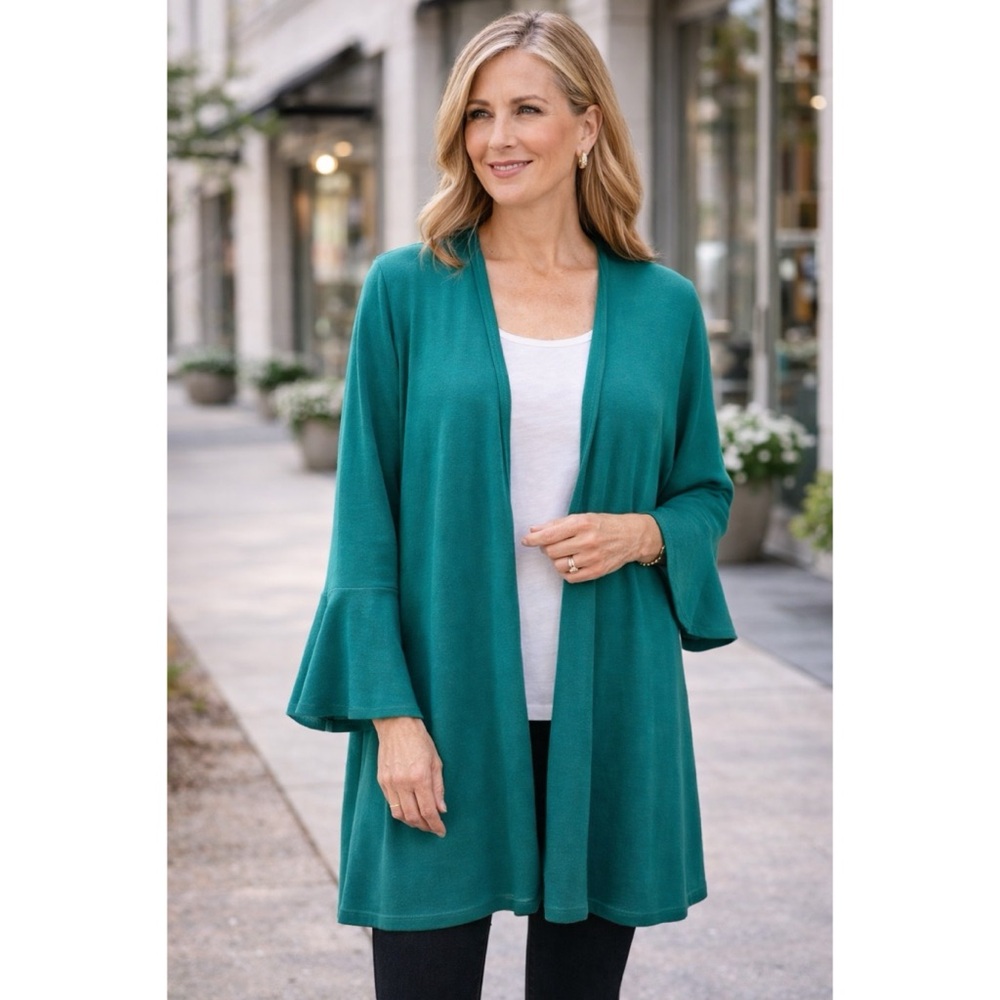 Chico’s Chicos Long Cardigan Statement Bell Sleeves Green Sz (3) XL